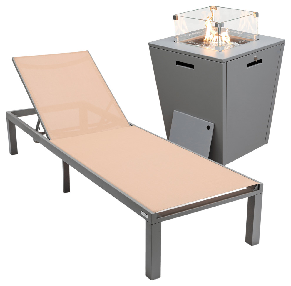 LeisureMod Marlin Gray Aluminum Outdoor Lounge Chair With Fire Pit  Light Brown   Transitional   Outdoor Lounge Chairs   by Kolibri Decor  Houzz