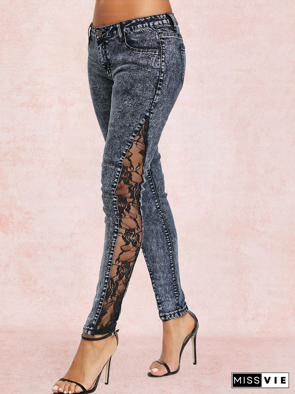 Stylish, Elegant, Slim, Versatile, Personalized Slit Lace Jeans