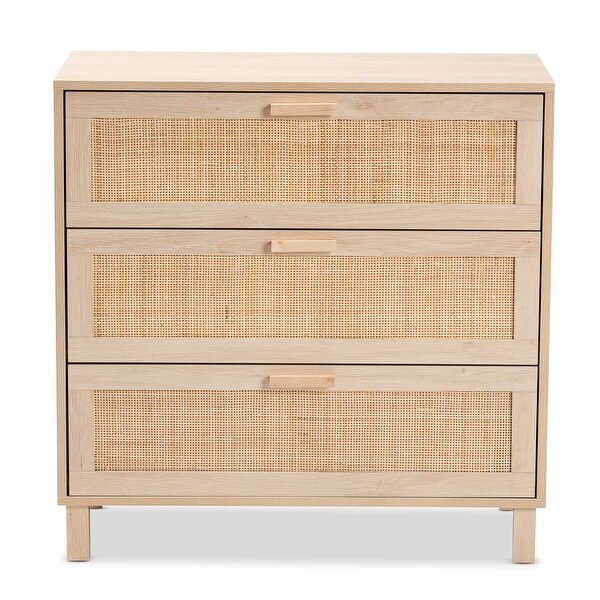 Sebille Mid-Century Modern Light Brown Finished Wood 3-Drawer Storage Cabinet with Natural Rattan - - 35527688