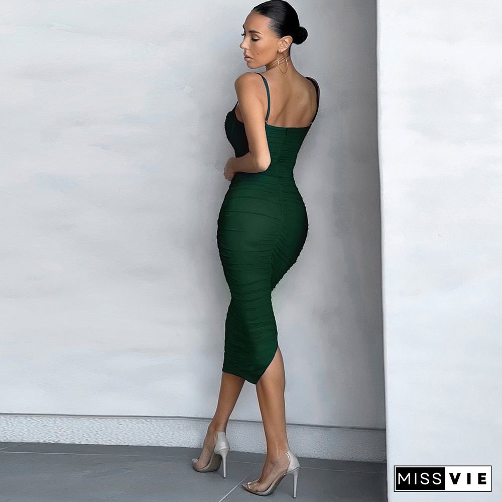 Mesh Draped Bandage Dress New Arrival Midi Bandage Dress Bodycon Women Summer Green Sexy Party Dress Evening Club Outfits