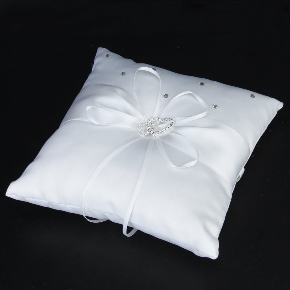 10*10cm Double Heart Bridal Wedding Ceremony Pocket Ring Bearer Pillow Cushion with Satin Ribbons (White)