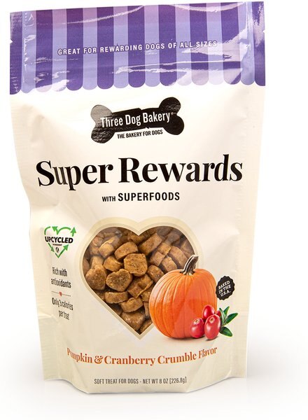 Three Dog Bakery Super Rewards Pumpkin and Cranberry Crumble Dog Treats， 8-oz bag