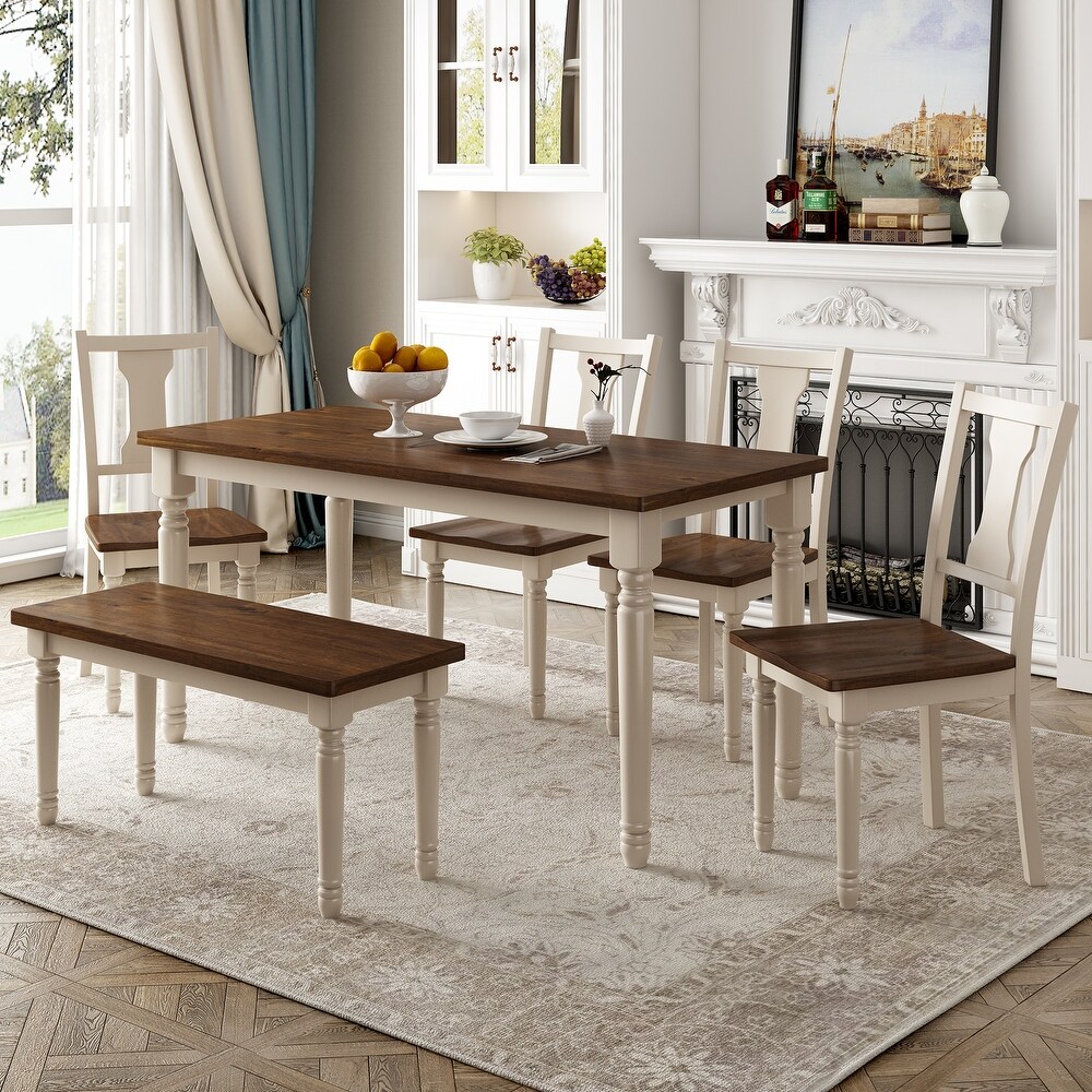 6 Piece Classic Accent Dining Set Craftsmanship Wood Dining Table Set with 4 Chairs and 1 Bench for Kitchen Dining Room