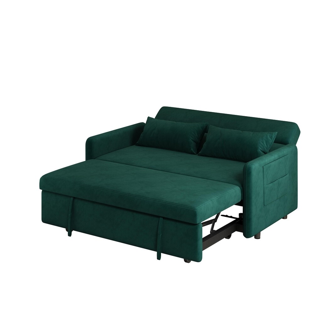 Modern Sleeper Loveseat with Pull out Sofa Bed  Pillows for Living Room  Velvet Folding Loveseat Recliner Bed with Pocket  Green