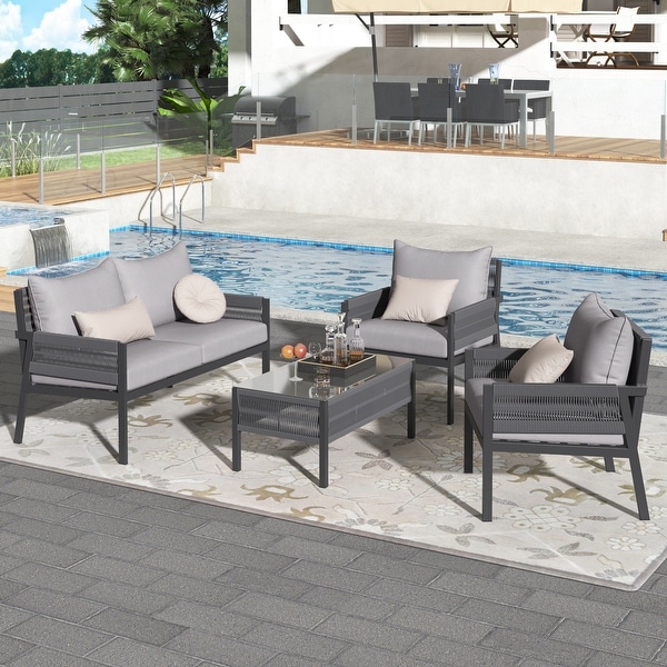 4Piece Rope Patio Furniture Set，Outdoor Conversation Chairs Set