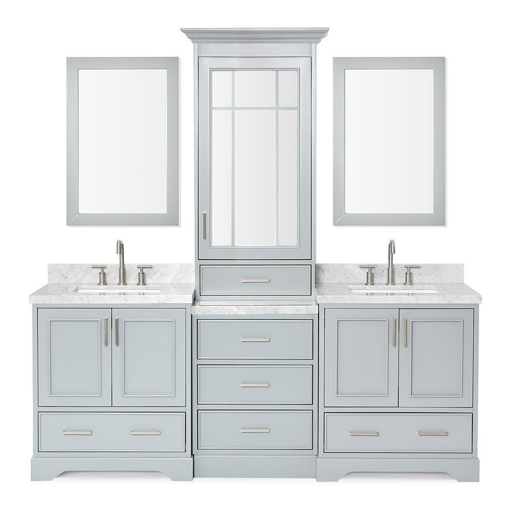 ARIEL Stafford 85 in. W x 22 in. D x 89 in. H Double Sinks Freestanding Bath Vanity in Grey with White Marble Tops and Mirrors M085DCWRGRY