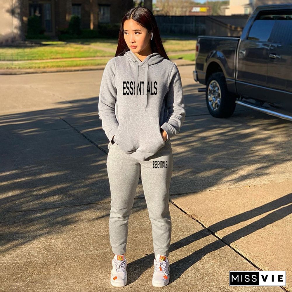 Letter Print Casual Hoodies Sweatpants Two Piece Outfits