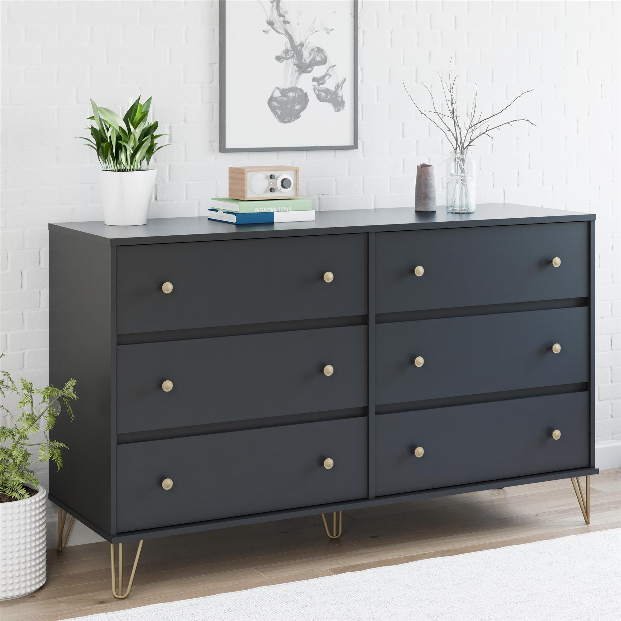 Novogratz Owen Mid-Century modern 6 drawer dresser, Black