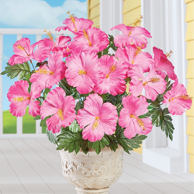 Collections Etc Bright Tropical Faux Hibiscus Bushes Set Of 3 Outdoor Or Indoor Decorative Accent