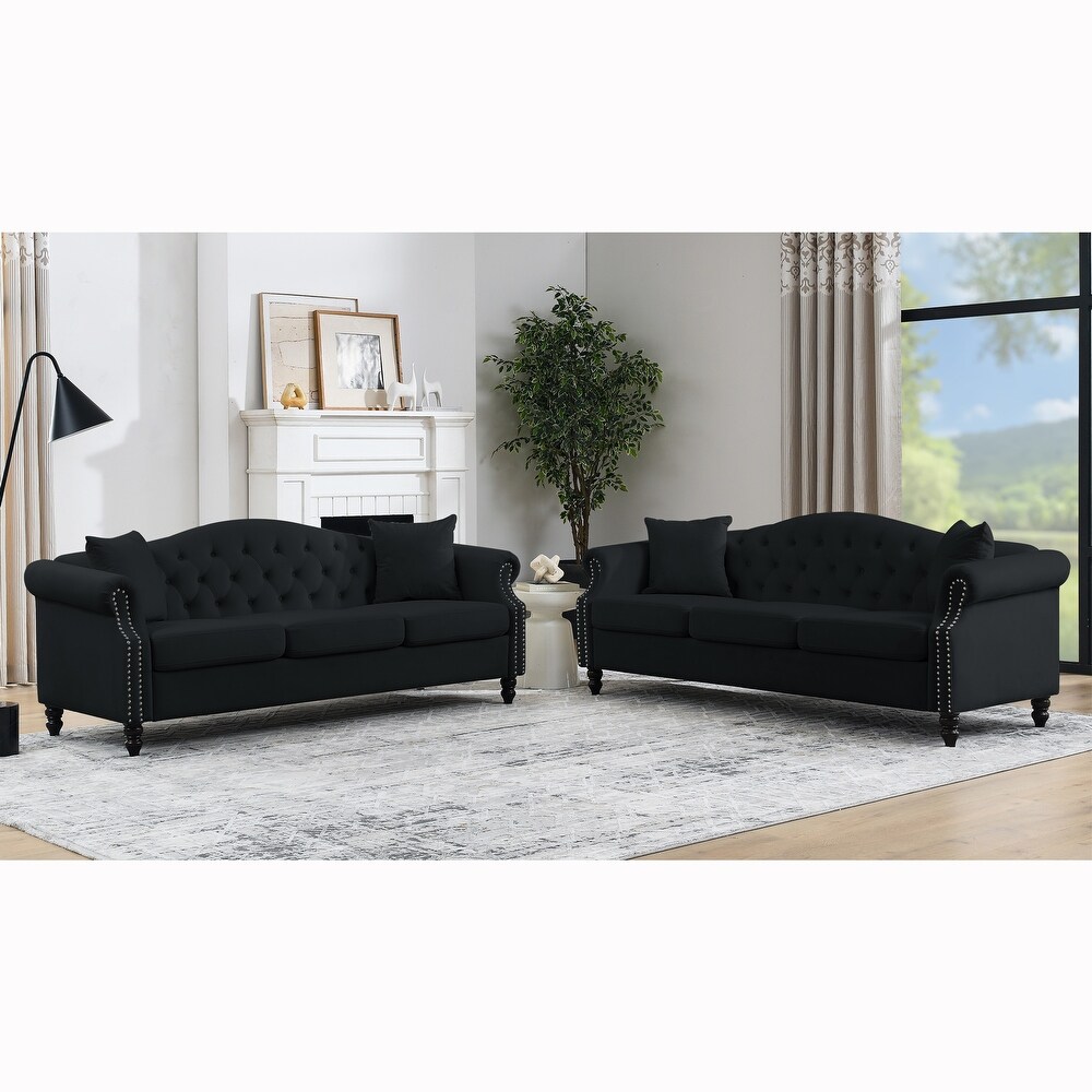 2pc Black Velvet 3 Seater Sectional Sofa Sets w/ Pillows  Deep Seat Sofa Sets w/ Removable Cushions   Nailheads Armrest