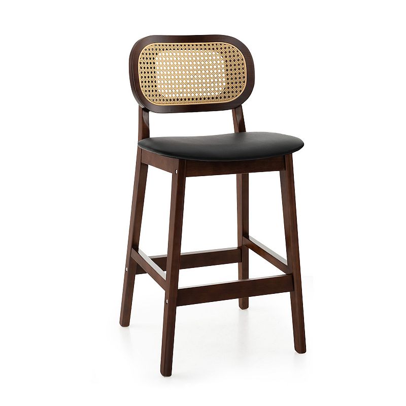 Wood Bar Chairs With Pe Rattan Backrest  Padded Seat And Footrest-brown