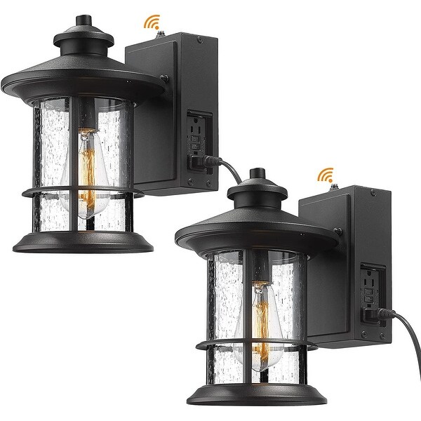 Porch Light with Built-in GFCI Outlet， Dusk to Dawn Outdoor Lighting Photocell Sensor， Aluminum with Seeded Glass， Black Finish Shopping - The Best Deals on Outdoor Wall Lanterns | 40909015