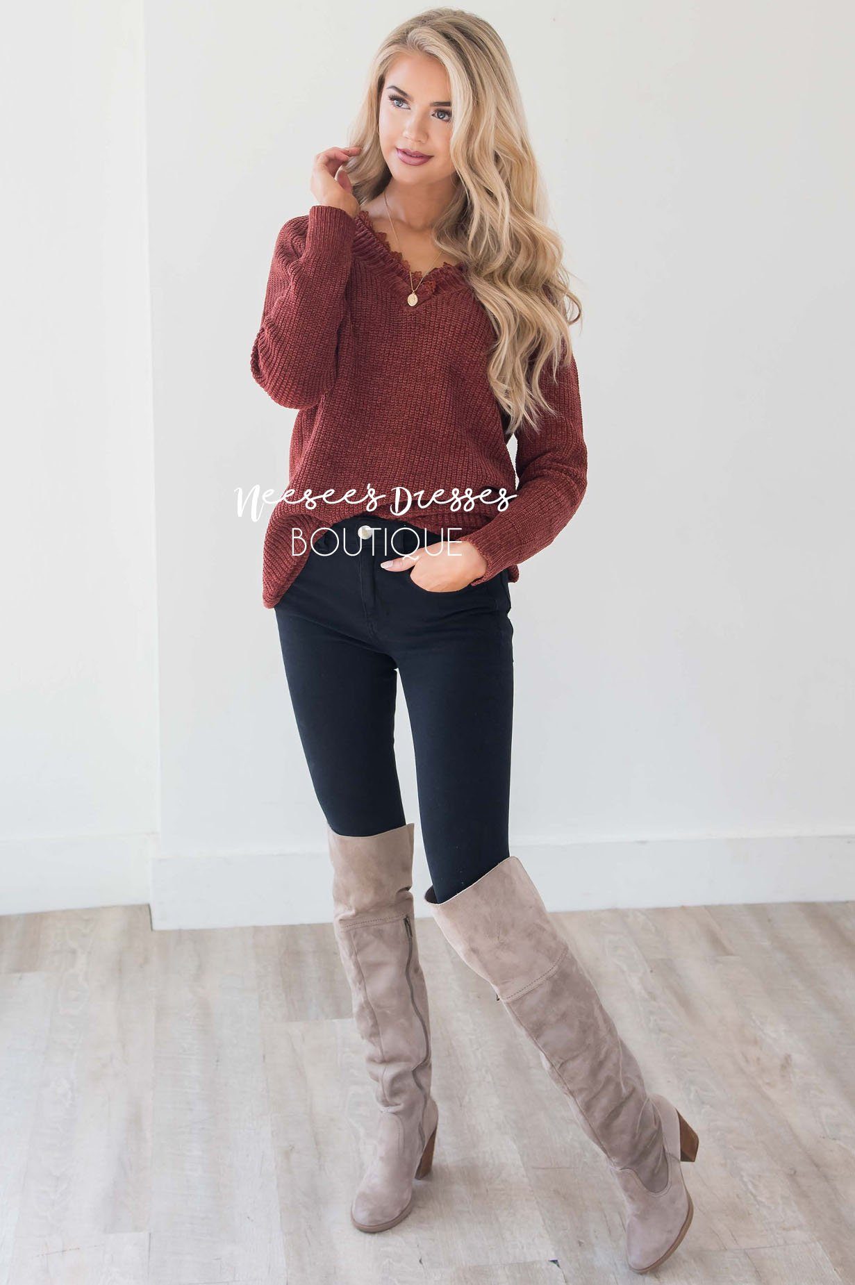 Chenille Knit V-Neck Lace Trim Sweater