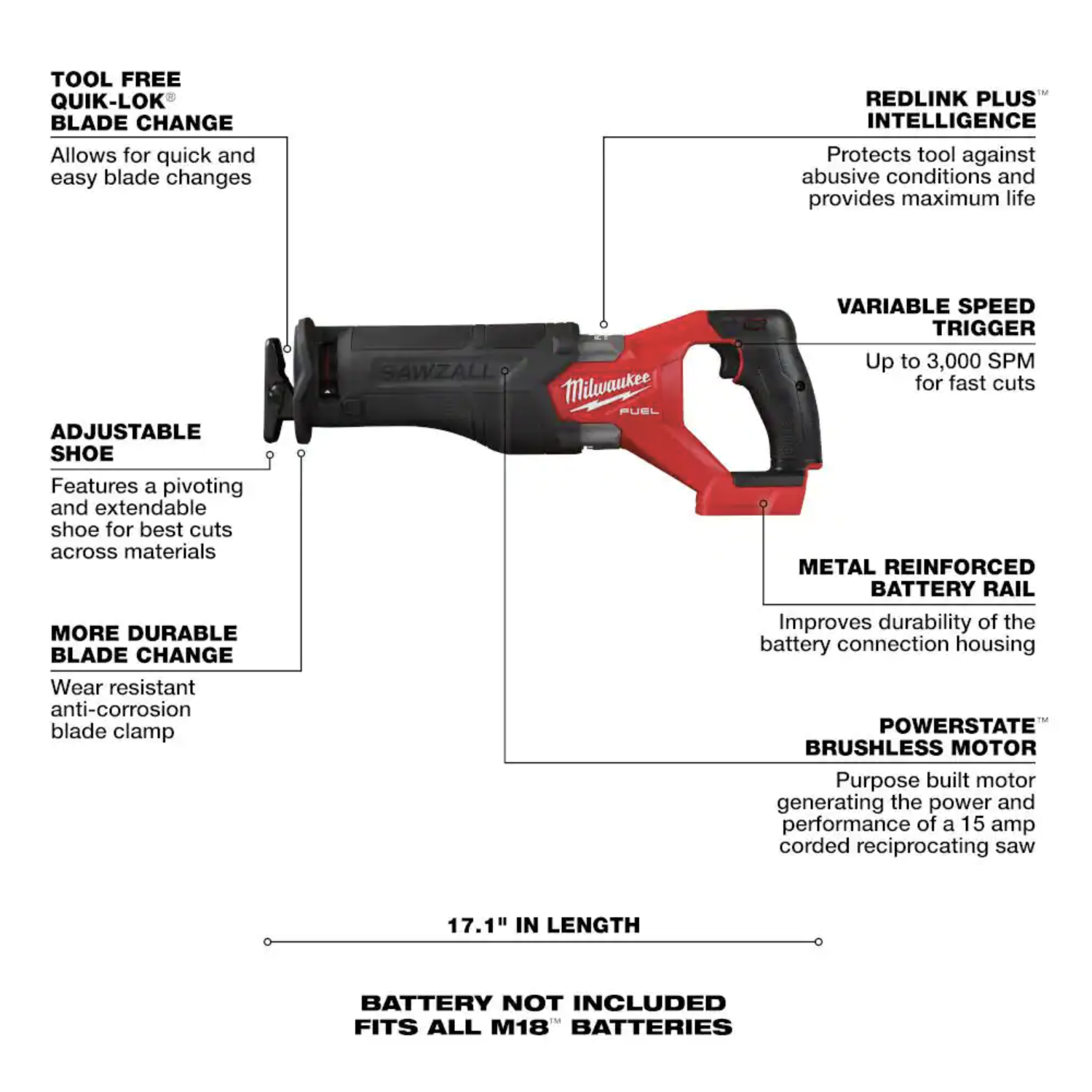 Milwaukee M18 FUEL Gen-2 18V Lithium-Ion Brushless Cordless SAWZALL Reciprocating Saw， Tool-Only (2821-20)