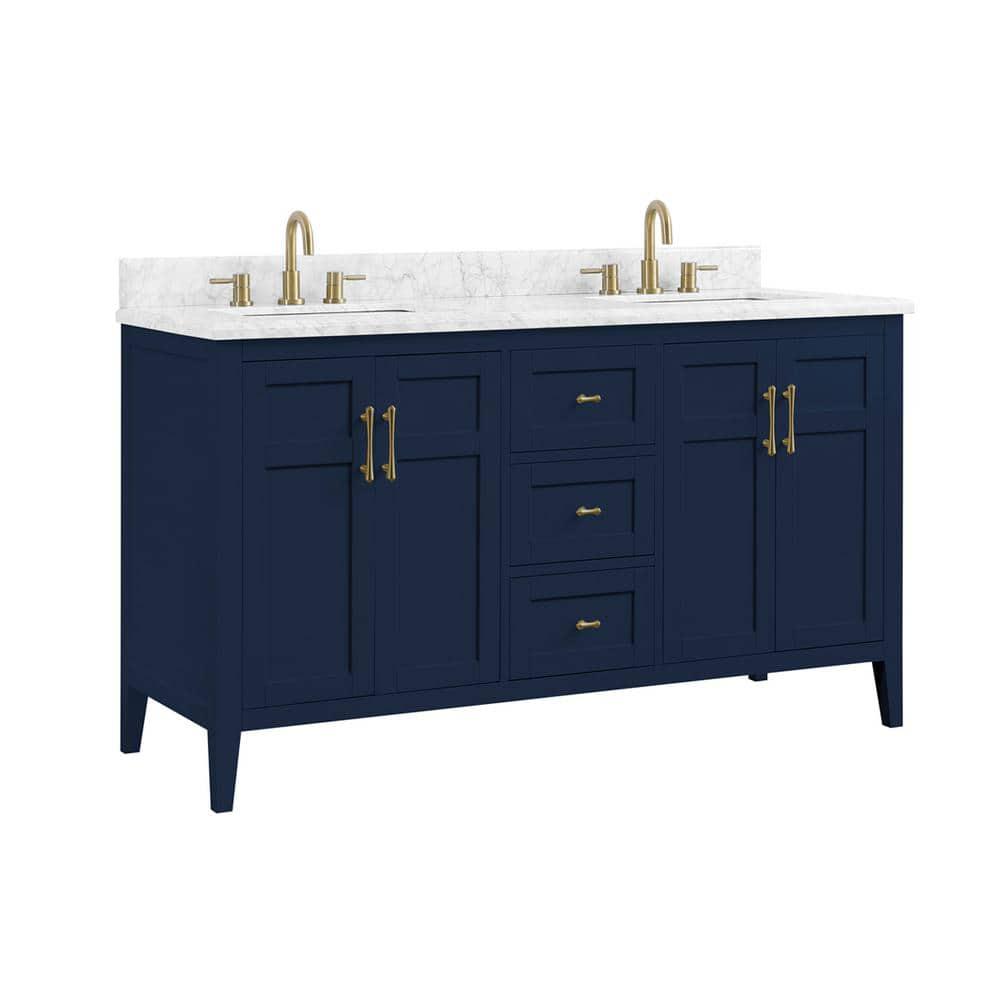 Home Decorators Collection Sturgess 61 in W x 22 in D Bath Vanity in Navy Blue with Marble Vanity Top in Carrara White with White Basins