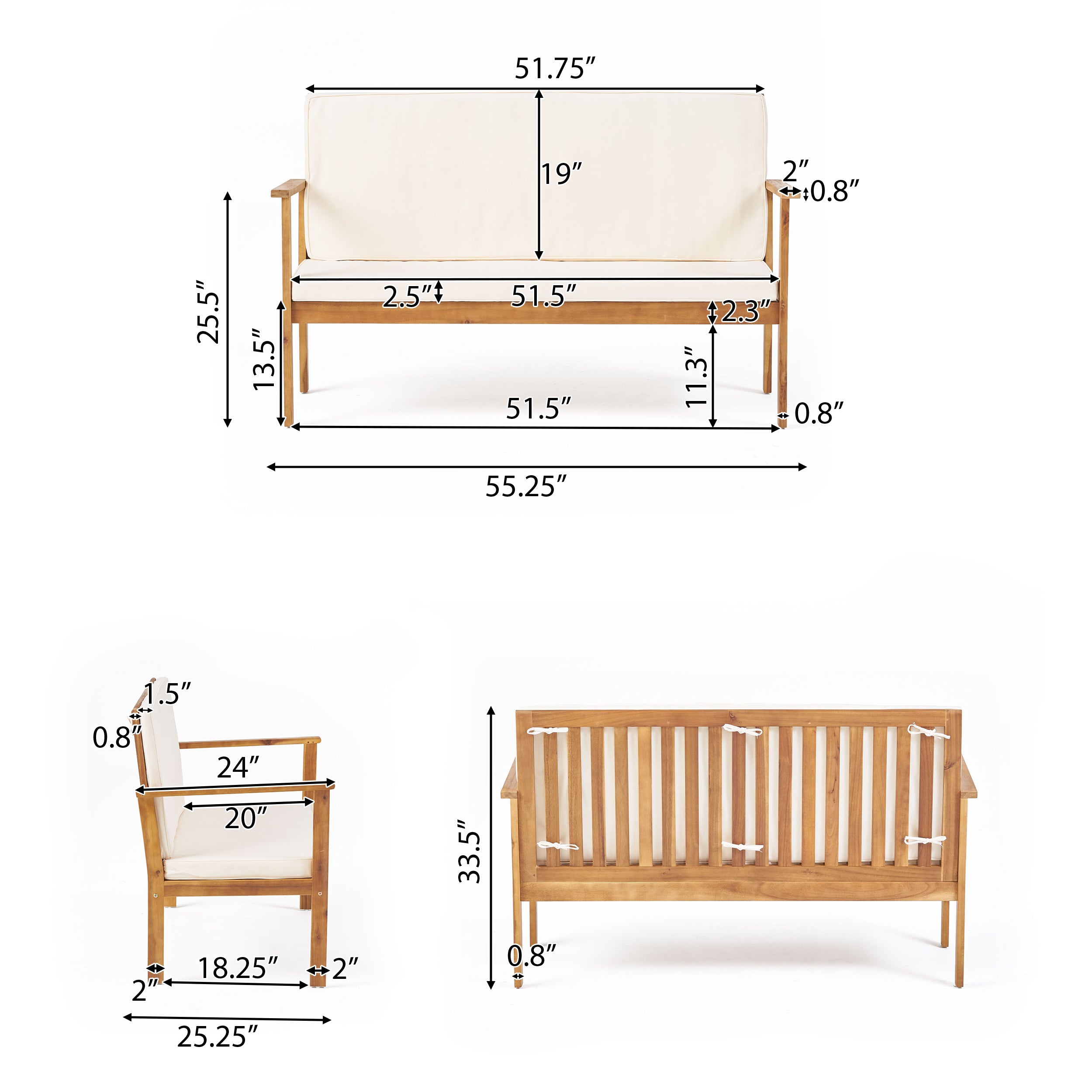 Luciano Outdoor Acacia Wood Chat Set w/ Water Resistant Cushions