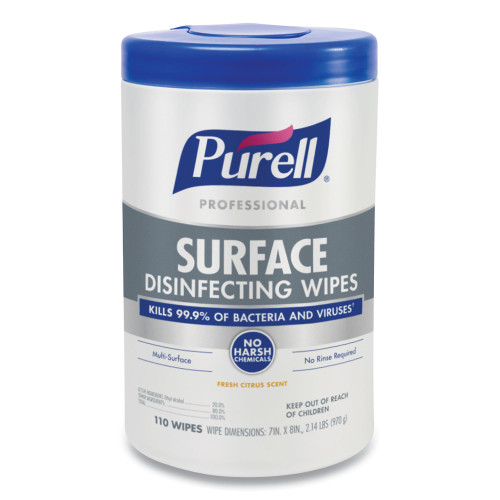 PURELL Professional Surface Disinfecting Wipes， 7 x 8， Fresh Citrus， 110/Canister， 6 Canister/Carton (934206CT)