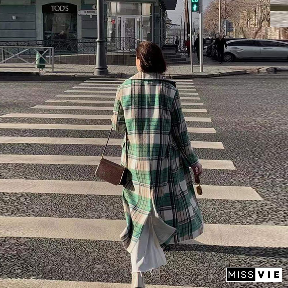 Fashion Plaid Printed Woolen Coat Women Autumn Casual Long Sleeve Turn-down One Button Coat Ladies Office Loose Korean Long Coat