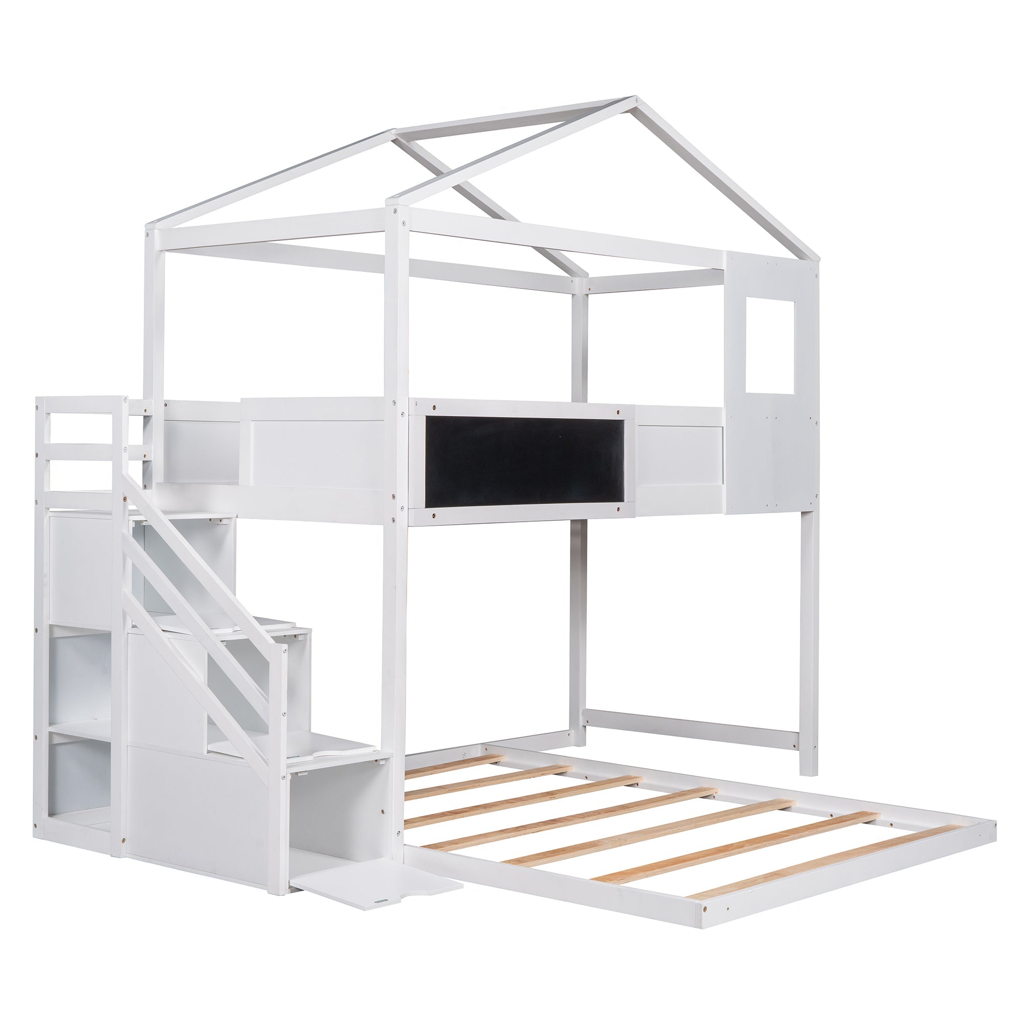 EUROCO Twin over Full House Bunk Bed with Storage Staircase and Blackboard for Kids Bedroom, White