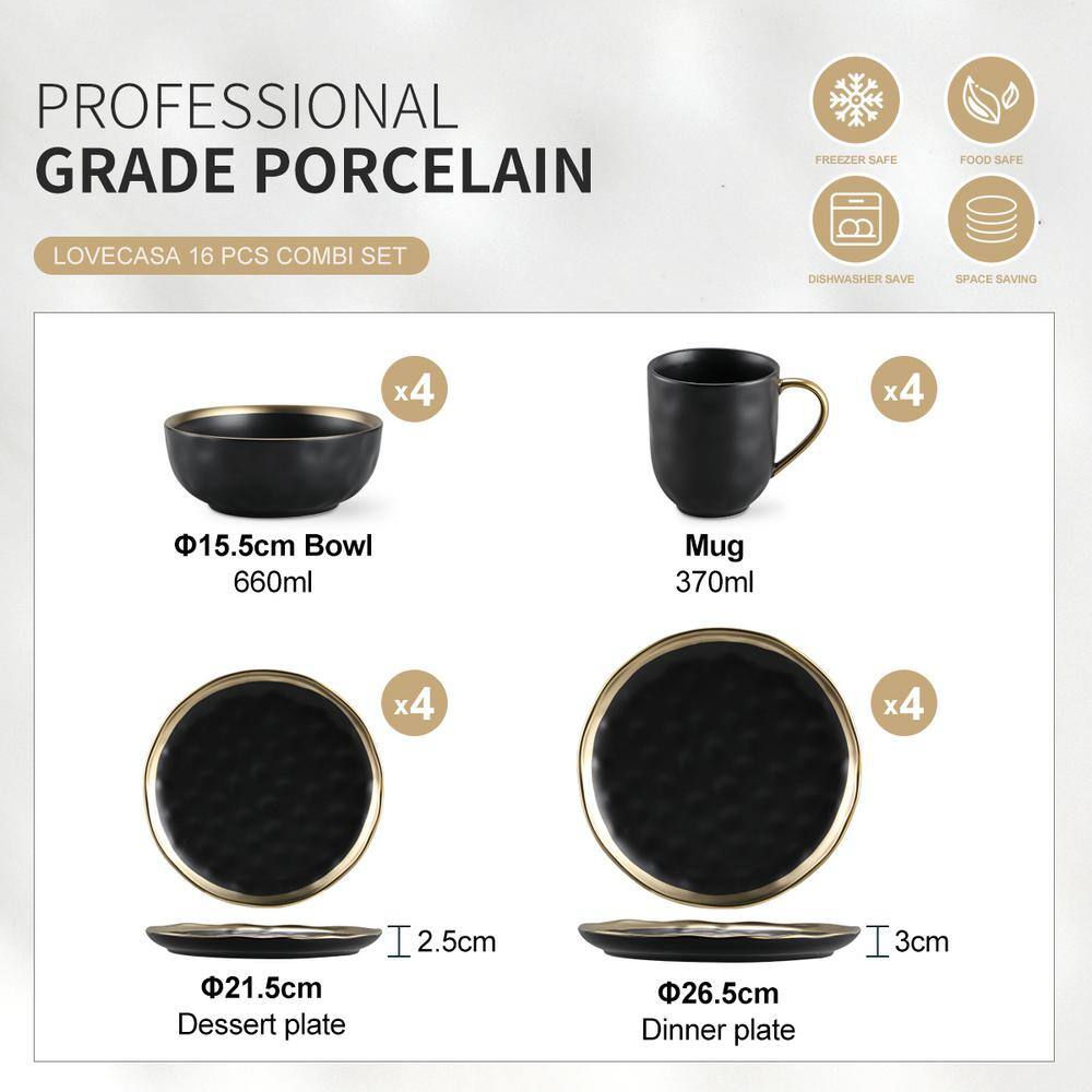 LOVECASA Sweet 16-Piece Black Golden Edge Stoneware Dinnerware Set (Service for 4) LC-GE-DS02