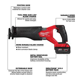 MW M18 FUEL 18V Lithium-Ion Brushless Cordless SAWZALL Reciprocating Saw Kit wTwo 5.0 Ah Batteries Charger  Hard Case 2821-22