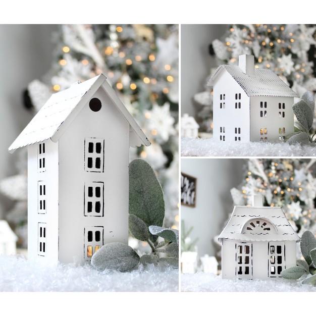 Auldhome Design farmhouse Decor Tin Village Houses White Set Of 3