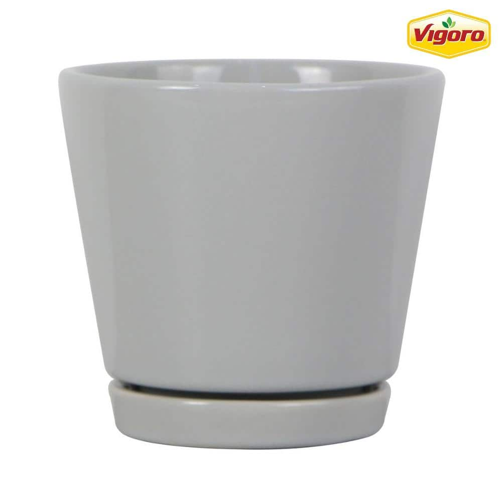 Vigoro 4.4 in. Piedmont Small Gray Ceramic Planter (4.4 in. D x 4.2 in. H) with Drainage Hole and Attached Saucer CR01721S-04H