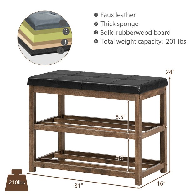 Costway 2 tier Wooden Shoe Rack Bench W padded Seat For Entryway Bedroom