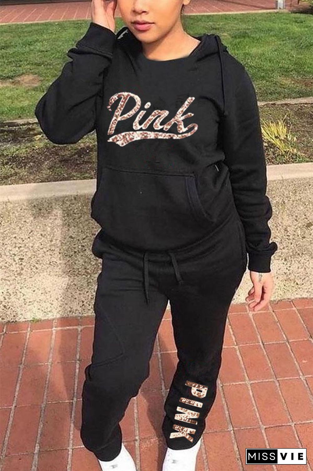 PINK Letter Loose Hoodies Jogger Sweat Pants Sets