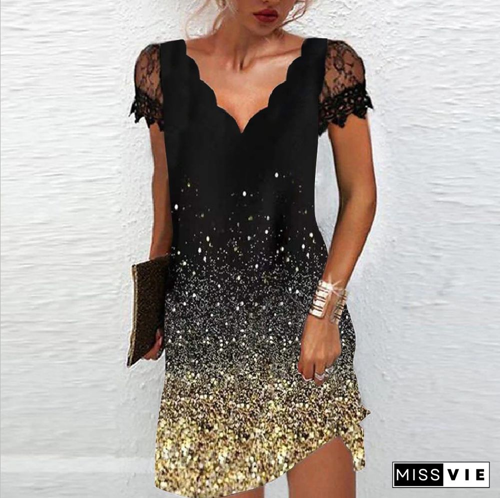 Women's Casual Dresses Sexy V Neck Slim Black Print Mini Lace Short Sleeve Prom Dresses Summer Elegant Dresses For Women