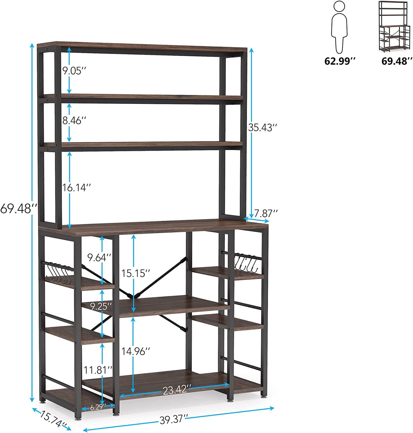 Tribesigns 6 Tiers Kitchen Bakers Rack with Hutch， Microwave Oven Stand， Wood Coffee Bar Table with Shelves， Large Baker's Rack Organizer with Storage