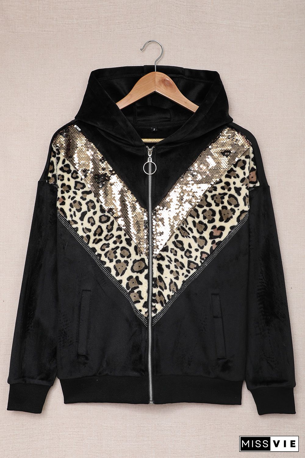 Black Chevron Sequin Leopard Patchwork Zip up Jacket