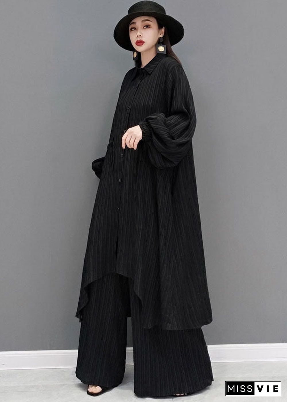 Style Black Drawstring Asymmetrical Cotton Long Shirt And Wide Leg Pants Two Pieces Set Spring