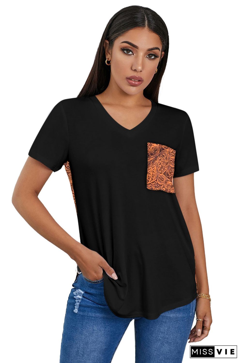 Black Women's Casual Printed Splicing Pullover Pocket T-shirt