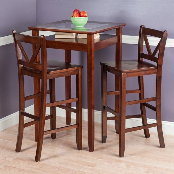 Wood Halo 3-Pc Pub Set， Glass Inset Table and 2 V-Back Bar Stools， Walnut Finish