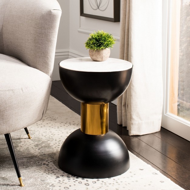 Zephyr Round Accent Table White Marble black gold Safavieh