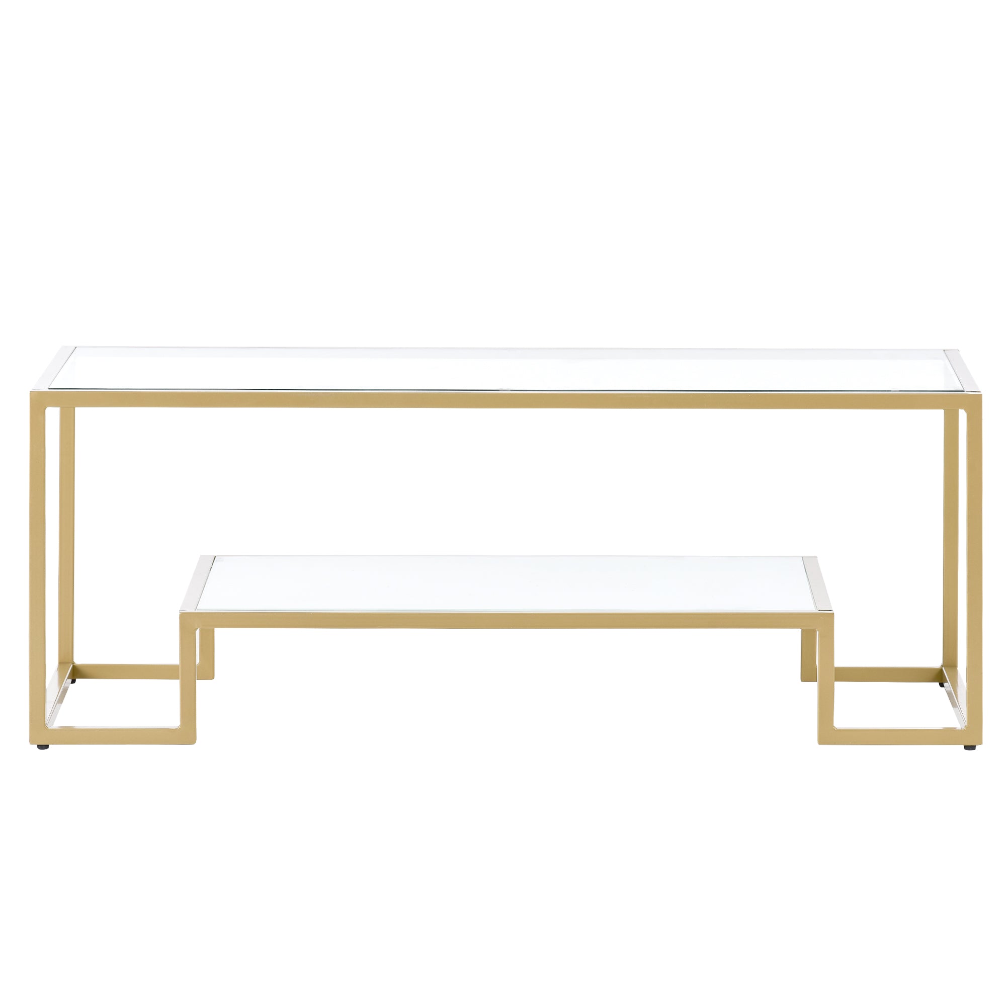 Modern Minimalist Design Living Room Coffee Table, Metal with Stained White Tempered Glass, 2-Tier Sofa Cocktail Tables, Gold