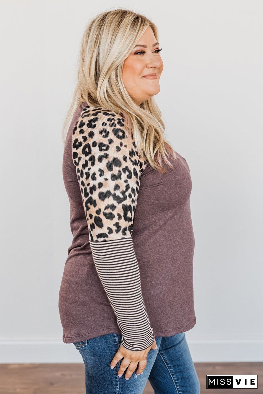 Brown Plus Size Leopard Pocket Top