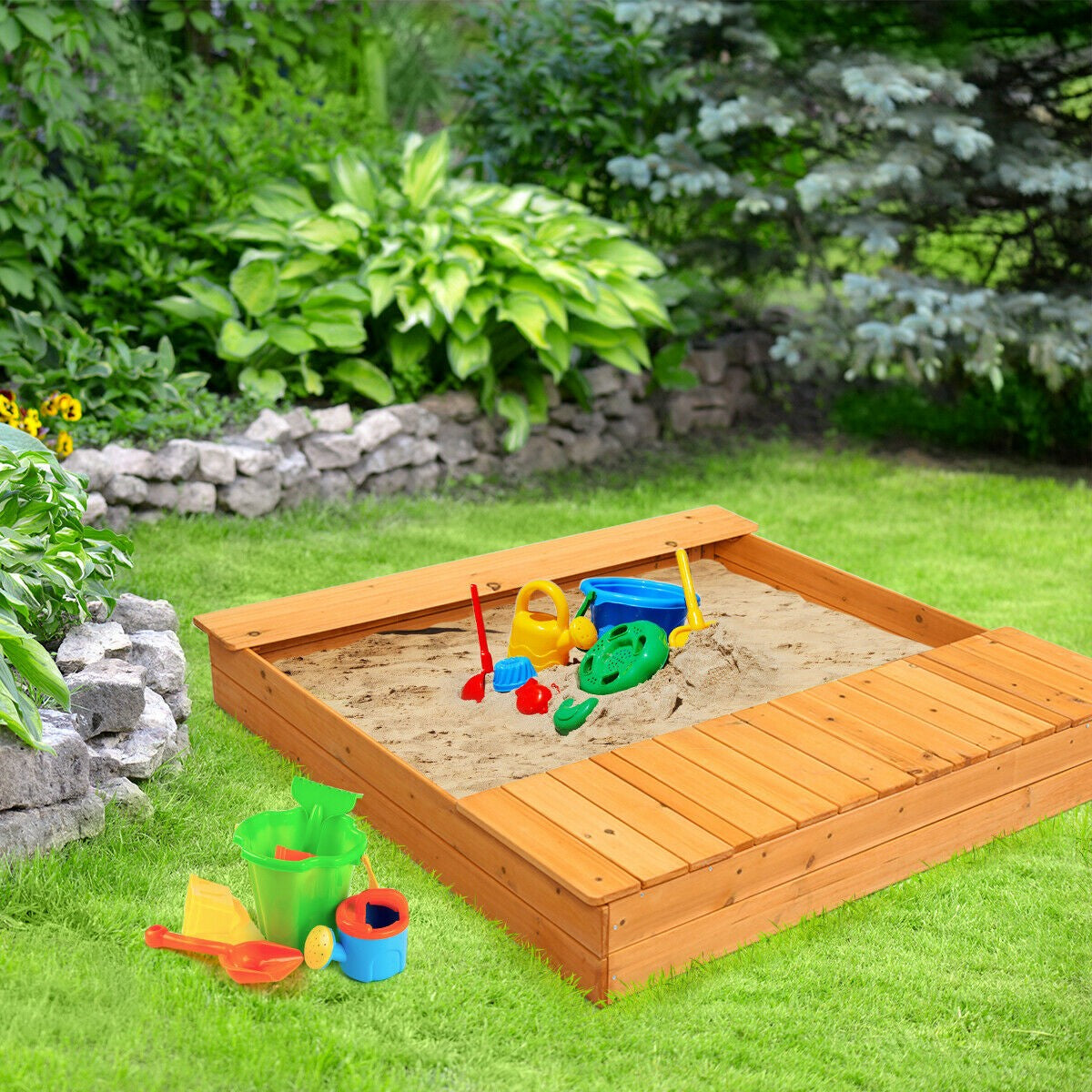 Kids Wooden Sandbox with Bench Seats & Storage Boxes