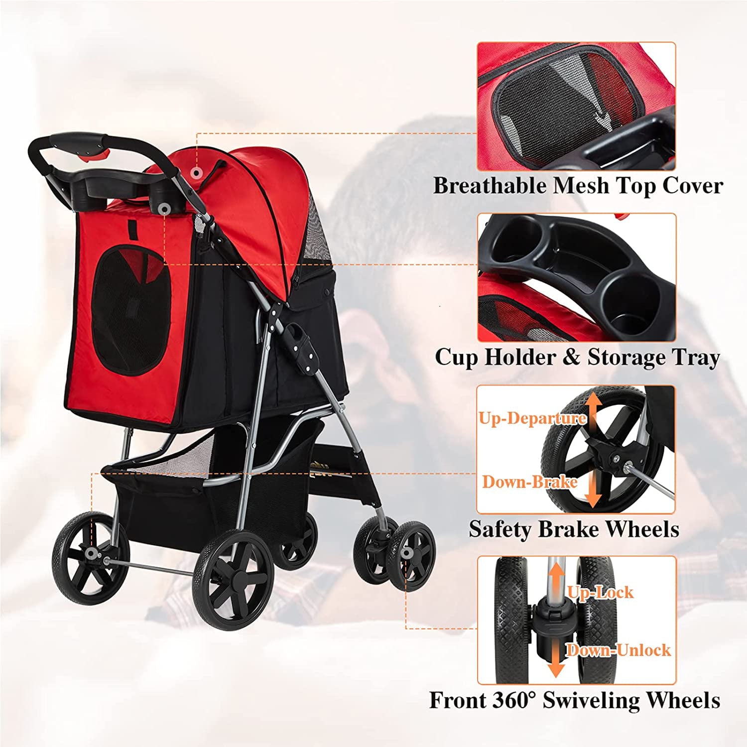 VIAGDO Cat Dog Stroller， Pet Strollers for Small Medium Dogs and Cats， 4 Wheels Dog Jogging Stroller Folding Doggy Stroller with Storage Basket