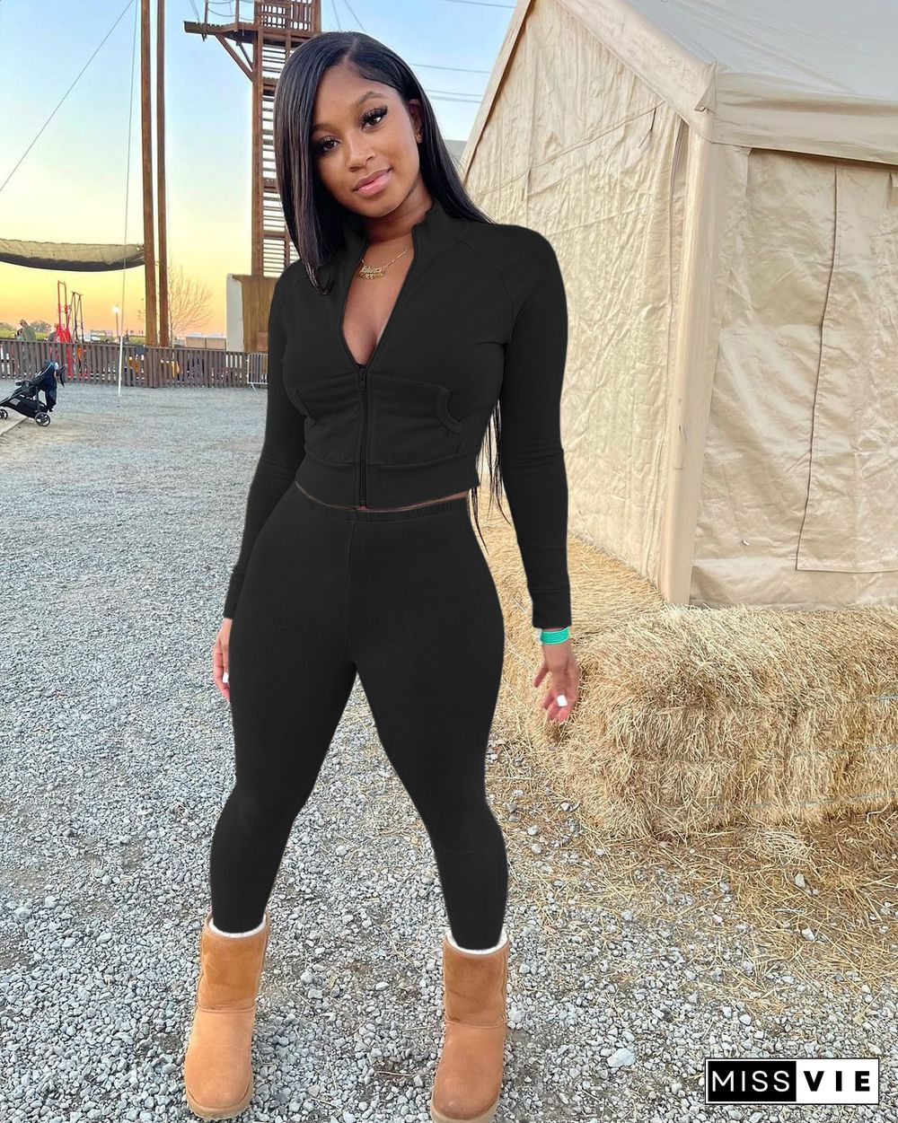 Fashion Solid Color Tight-fitting Zipper Top Two-piece Suit