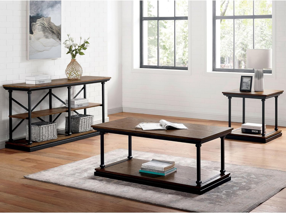 Transitional Coffee Table Set  Metal Frame  ampCrown Molded Top   Industrial   Coffee Table Sets   by Decor Love  Houzz