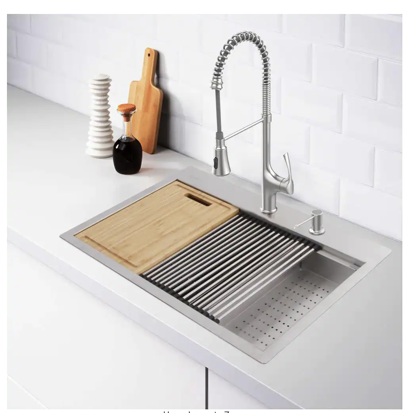 Glacier Bay Zero Radius Drop-in 18G Stainless Steel 33 in. 2-Hole 50/50 Double Bowl Workstation Kitchen Sink with Spring Neck Faucet