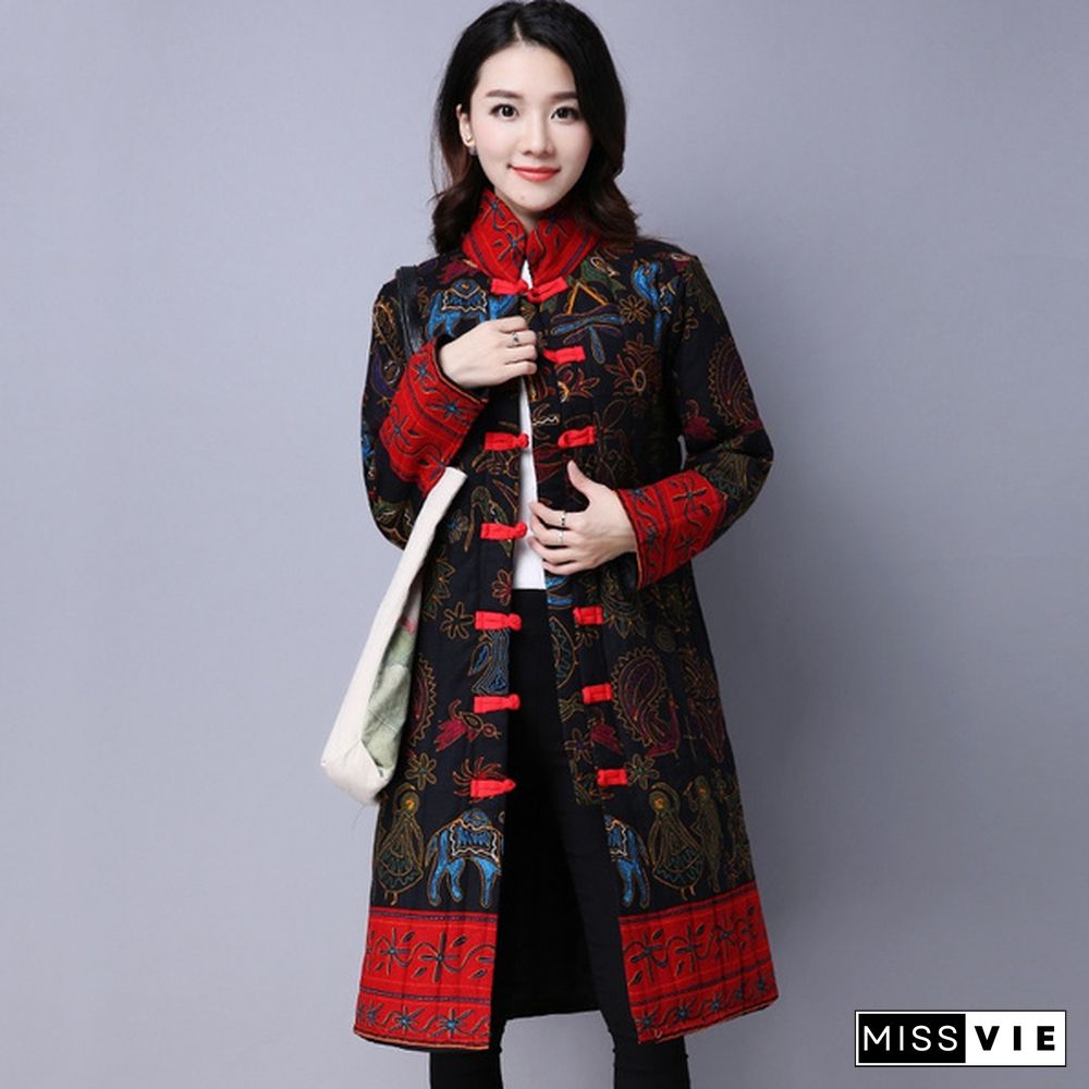 Women Coat Chinese Jacket Long Loose Qipao Lined Cheongsam Puffer Frog Ethnic present