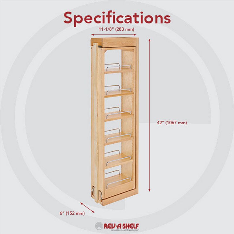 Rev-A-Shelf Pull Out Wall Filler Cabinet Wooden Organizer， 42 Hgt， 432-WF42-6C