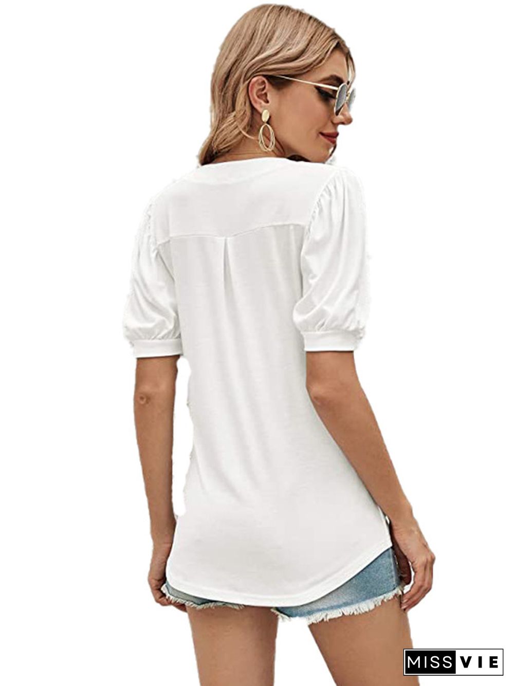 Simple Solid Color V-Neck Puff Sleeves T-Shirt Top