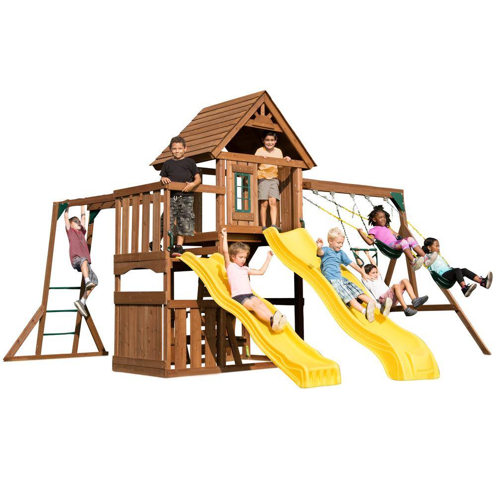 Swing-N-Slide Playsets Timberview Ready-To-Assemble Wooden Outdoor Playset with 2 Slides Monkey Bars Swings and Swing Set Accessories WS 8356