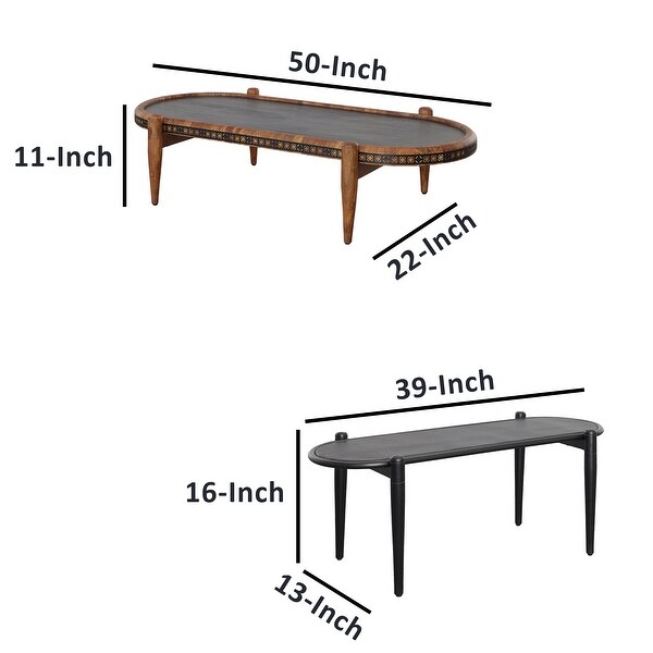 50， 39 Inch 2 Piece Oval Acacia Wood and Metal Nesting Coffee Table Set for iving Room， Home， Office， Brown and Black