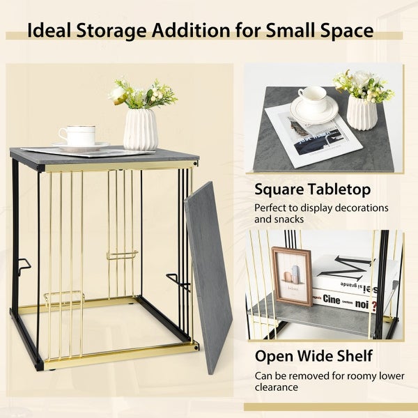 2-Tier Metal Square Side End Table with Removable Shelf-Grey - Grey - 15.5