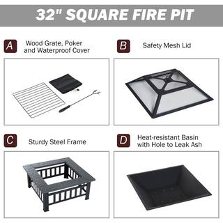 Outsunny 32 in. W x 18 in. H Square Steel Outdoor Patio Wood Burning Fire Pit Table in Black with Poker and Water Resistant Cover 842-073